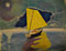 Painting of a yellow sailboat.